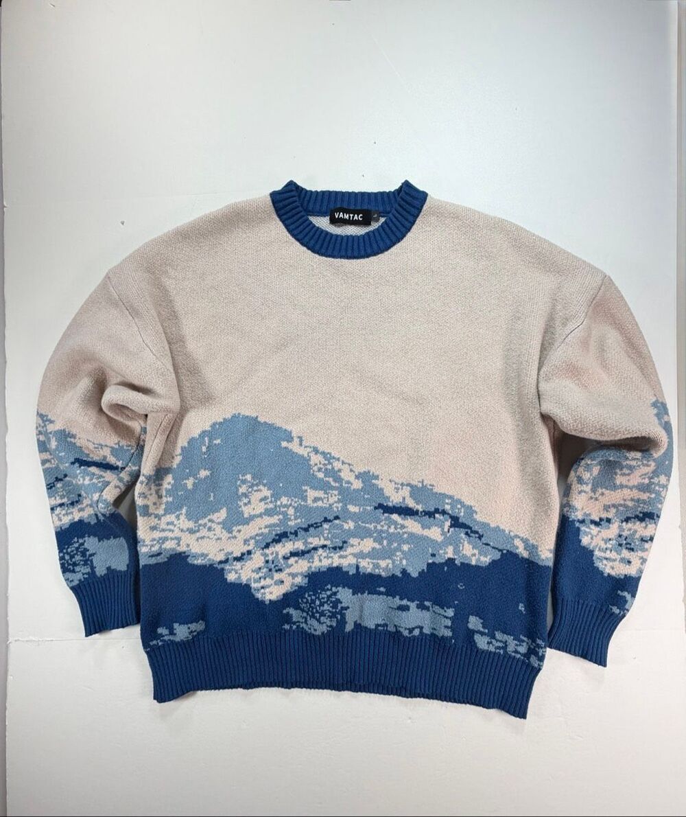 VAMTAC Sweater Size Large Blue Beige Mountain Knit Crewneck Pullover Streetwear